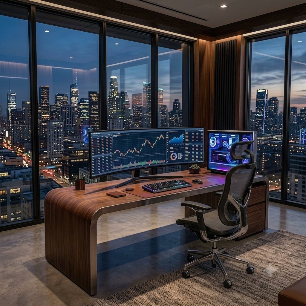 A trader's desk with a curved monitor and an open chart