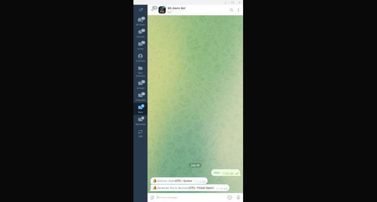 …and the alarms land in Telegram — asset name, OTC flag and platform