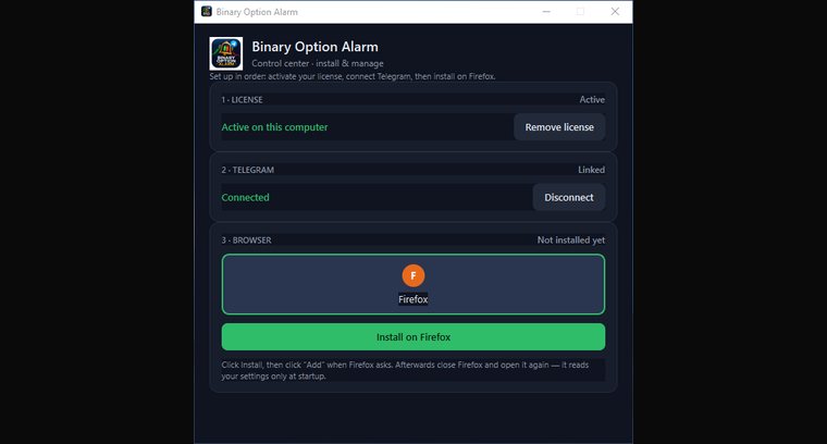 The desktop app: licence, Telegram link, Firefox install — three steps in a row