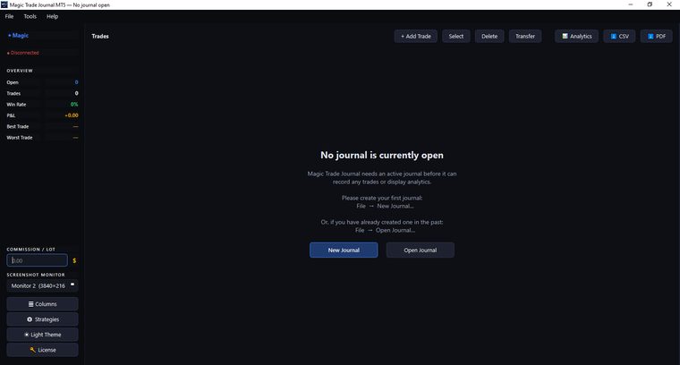 The start screen — create a fresh journal or open an existing one